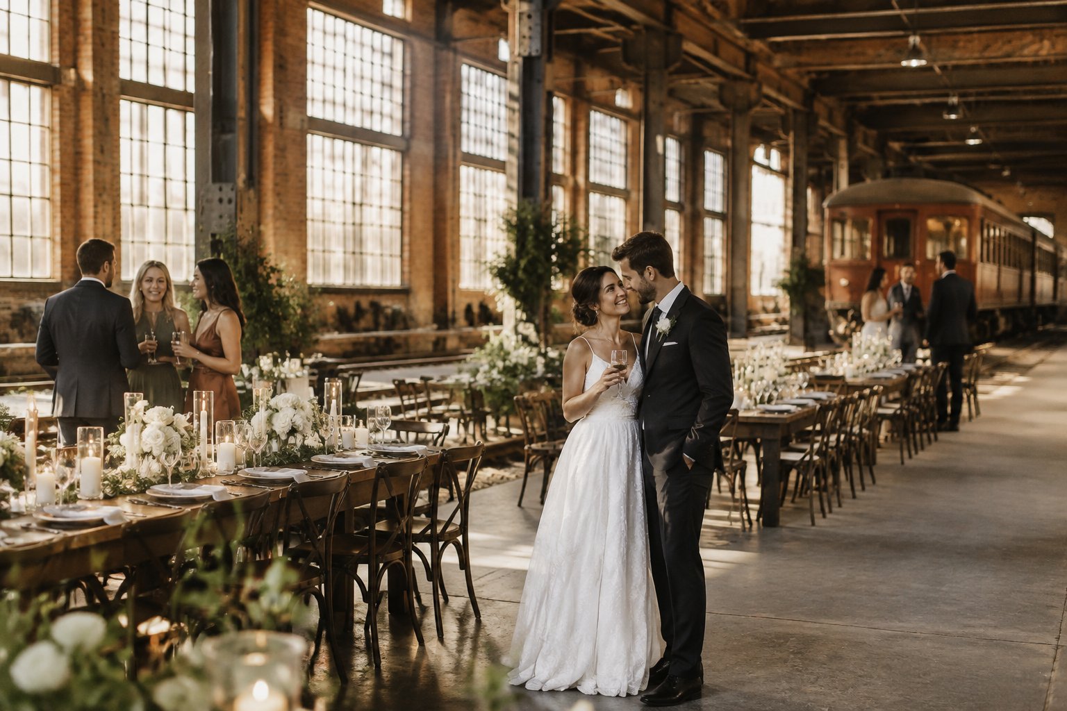 A couple celebrates their wedding in a brick rail warehouse decorated for a reception.