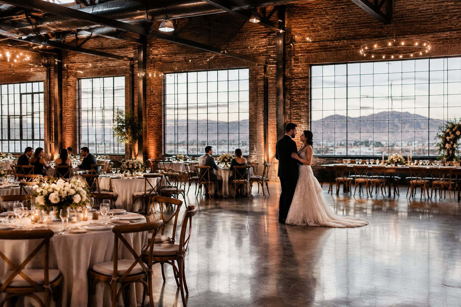 A couple and guests celebrate in a warehouse wedding venue with exposed brick and steel beams.