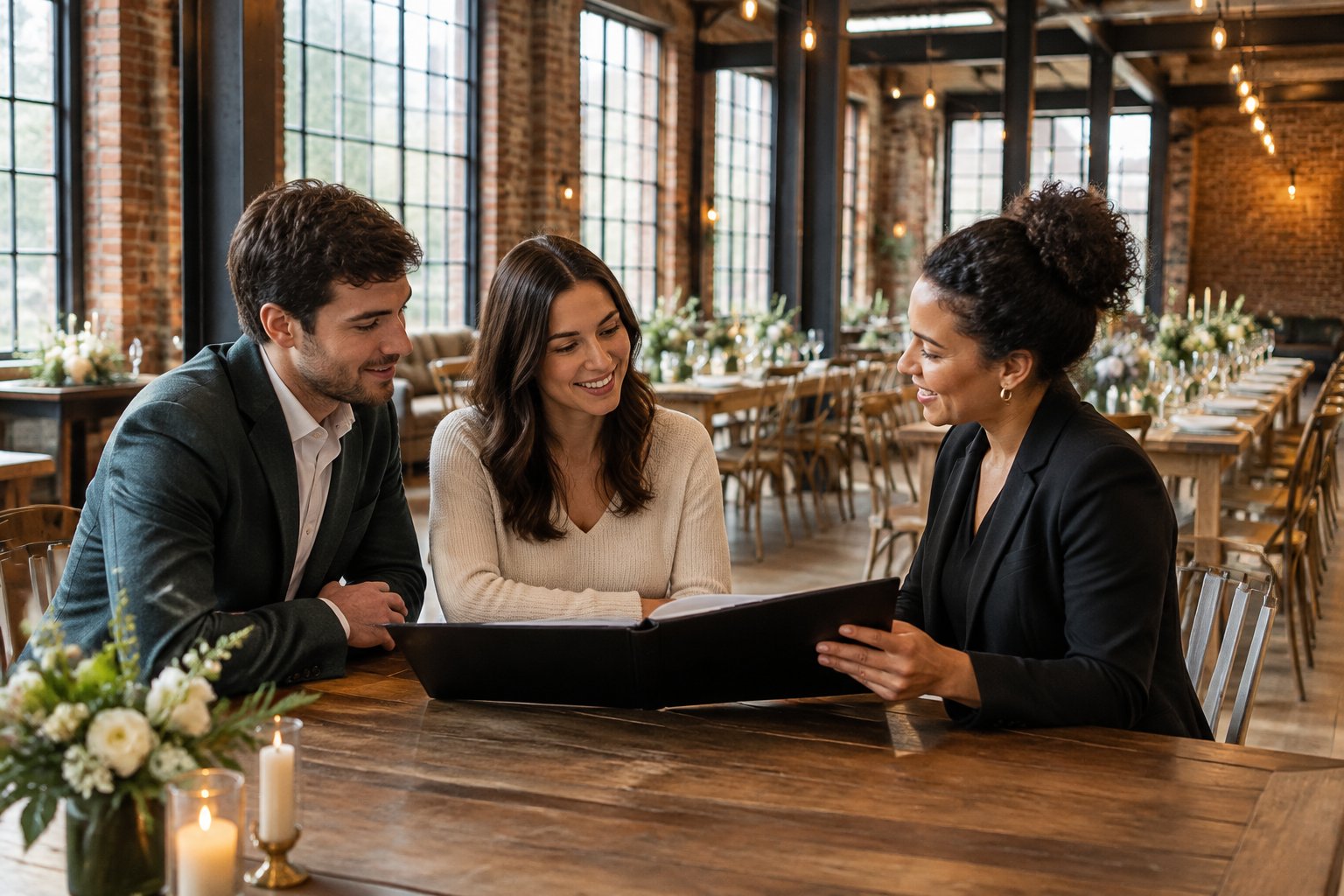A couple discusses wedding plans with a venue coordinator in an industrial loft.