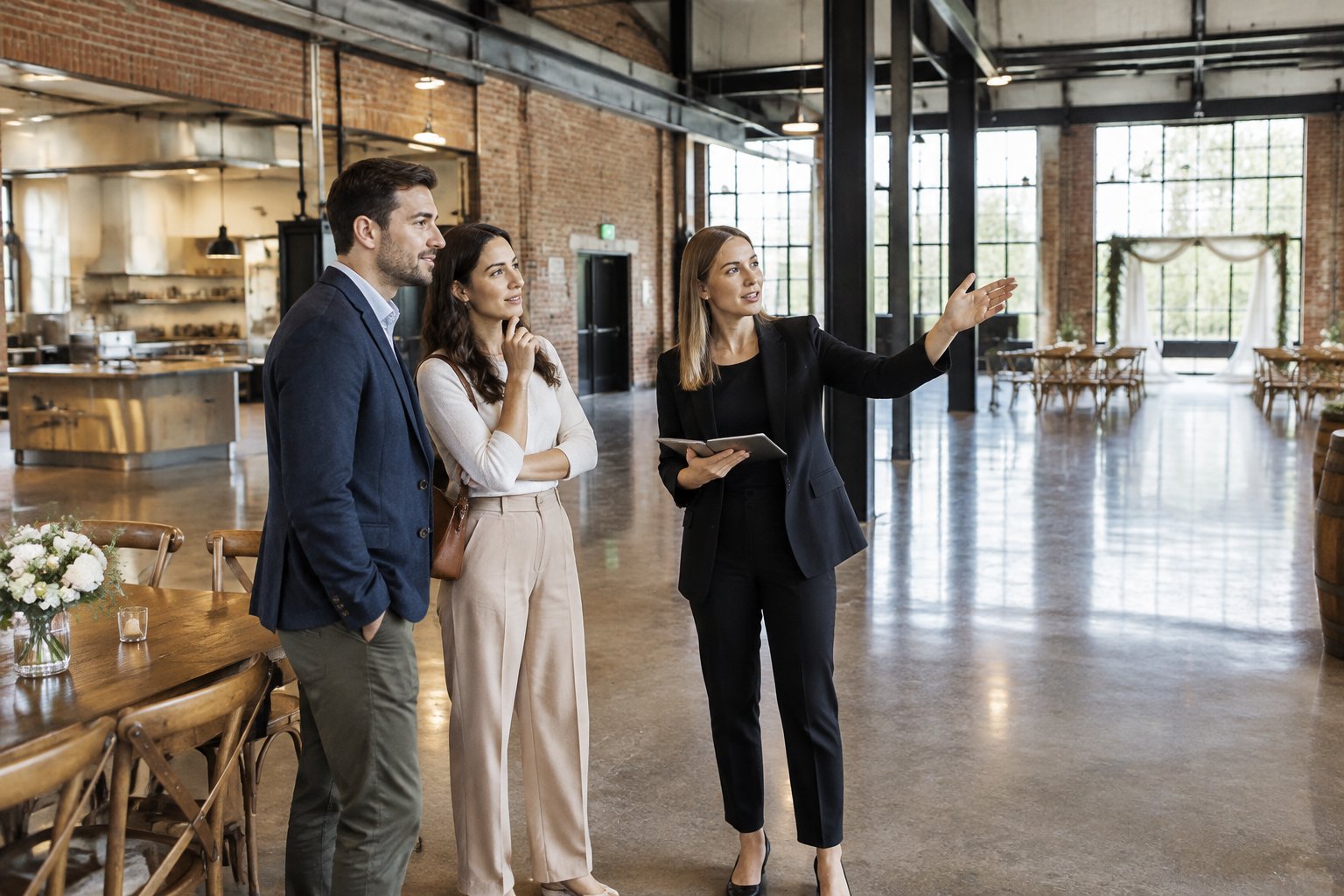 A couple and venue coordinator tour a spacious industrial wedding venue.