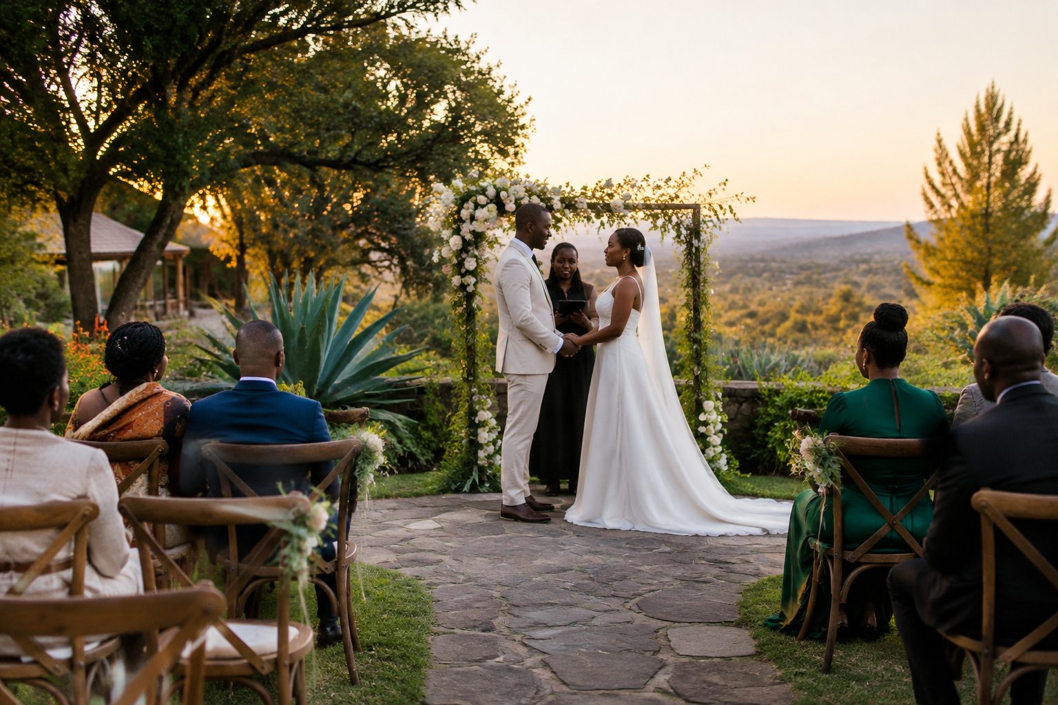 A couple exchanges vows beneath a floral arch as guests watch in a garden.