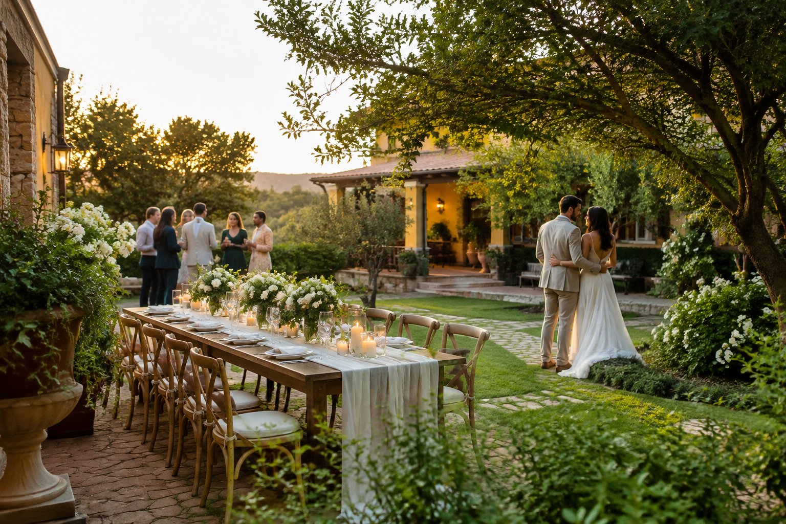 A couple celebrates with a small group at a garden wedding reception.