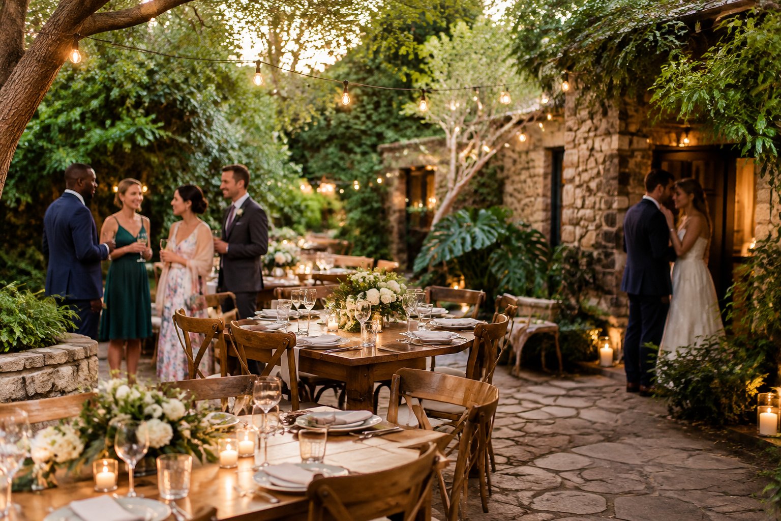 Guests gather around candlelit tables at a small garden wedding venue.