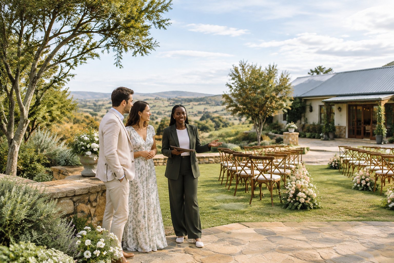 A couple and a wedding planner explore a garden wedding venue in Gauteng.