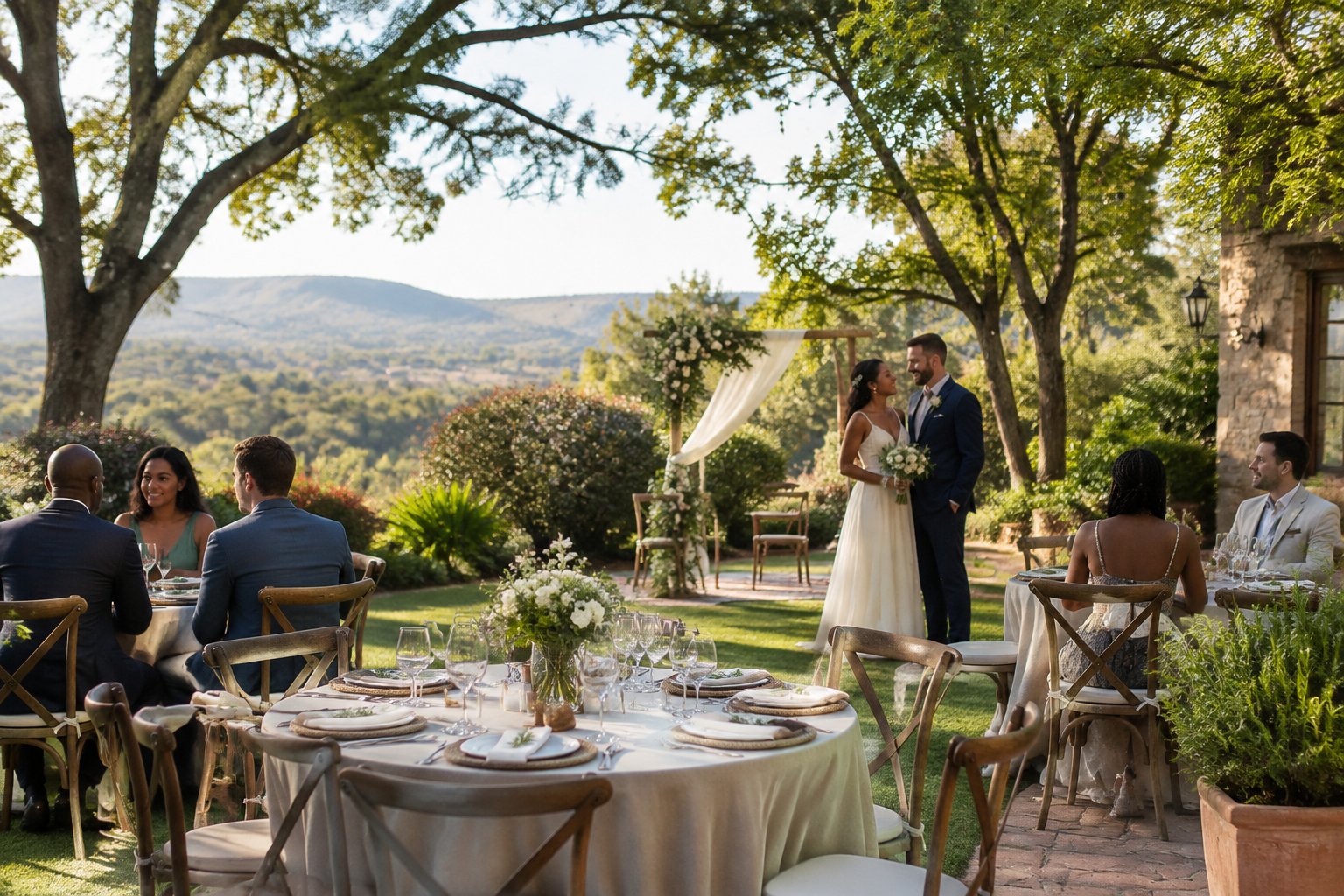 A couple celebrates with guests at a small garden wedding venue.