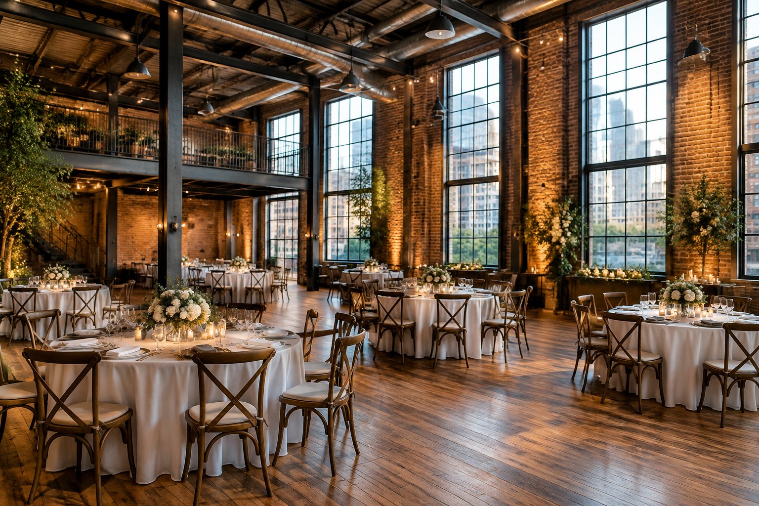 A brick-and-steel warehouse venue arranged for a wedding reception.