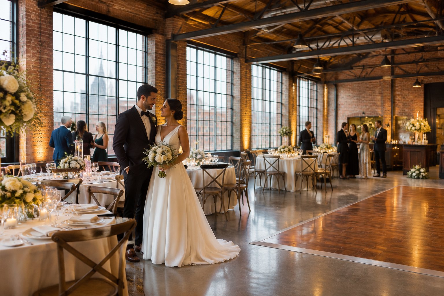 A couple stands among guests at a wedding reception in a brick industrial venue.