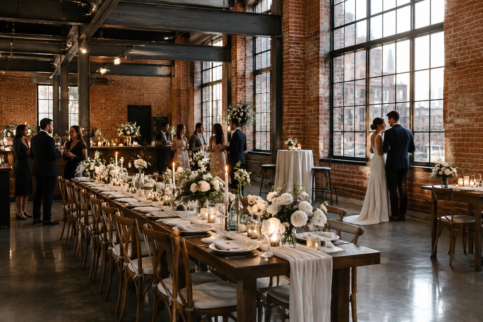 A couple and guests at a wedding reception in a brick-walled venue.