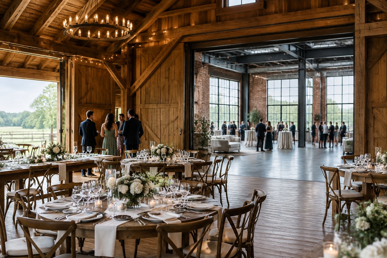 A rustic farm wedding reception beside a modern industrial event space.