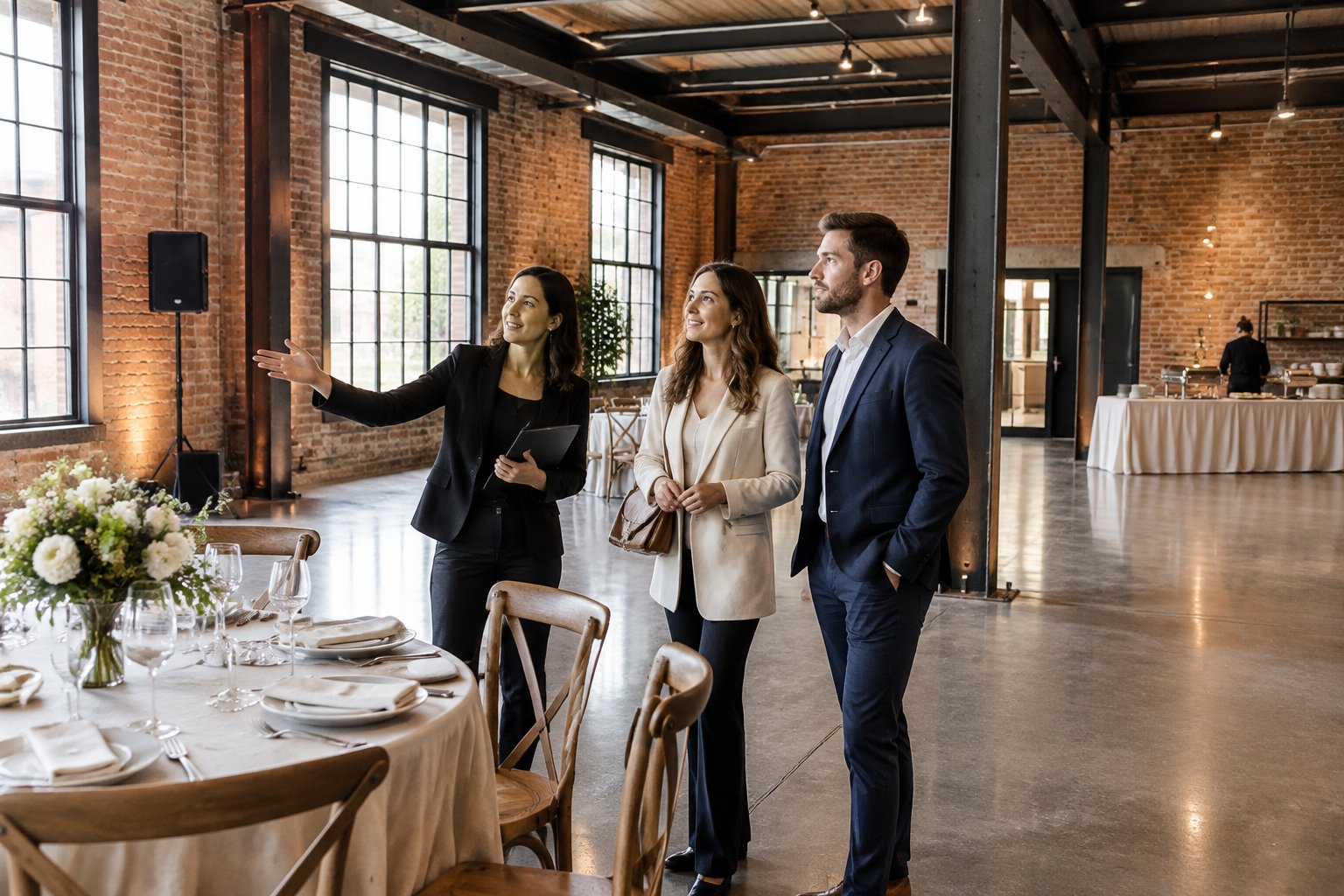 A couple tours an industrial wedding venue with a coordinator.