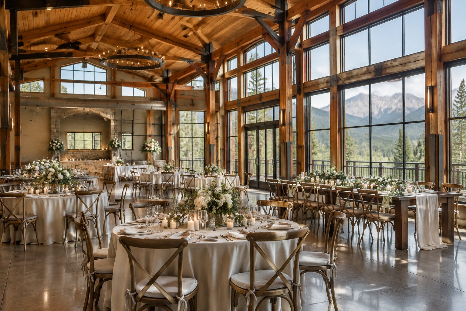 A wedding reception set inside a renovated industrial venue with mountains visible through tall windows.