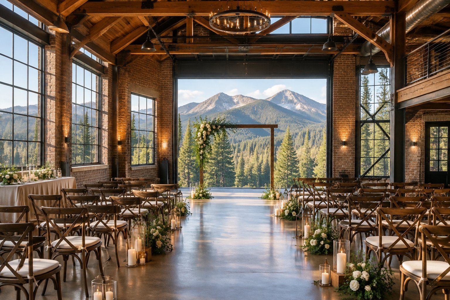A decorated wedding venue with mountain peaks visible through its windows.