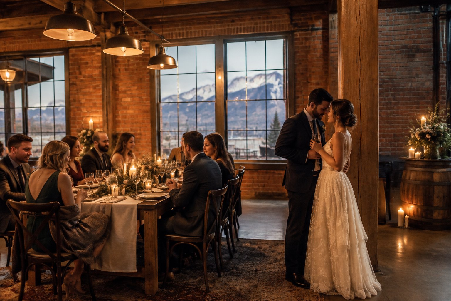 A couple shares a quiet moment at an intimate indoor wedding reception.