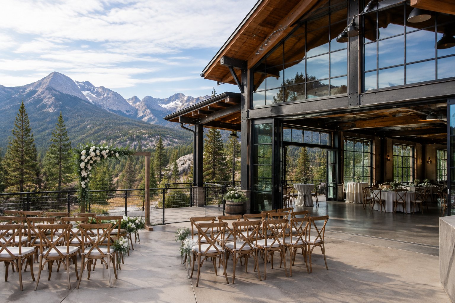 An industrial-style wedding venue with a ceremony setup against a mountain backdrop.