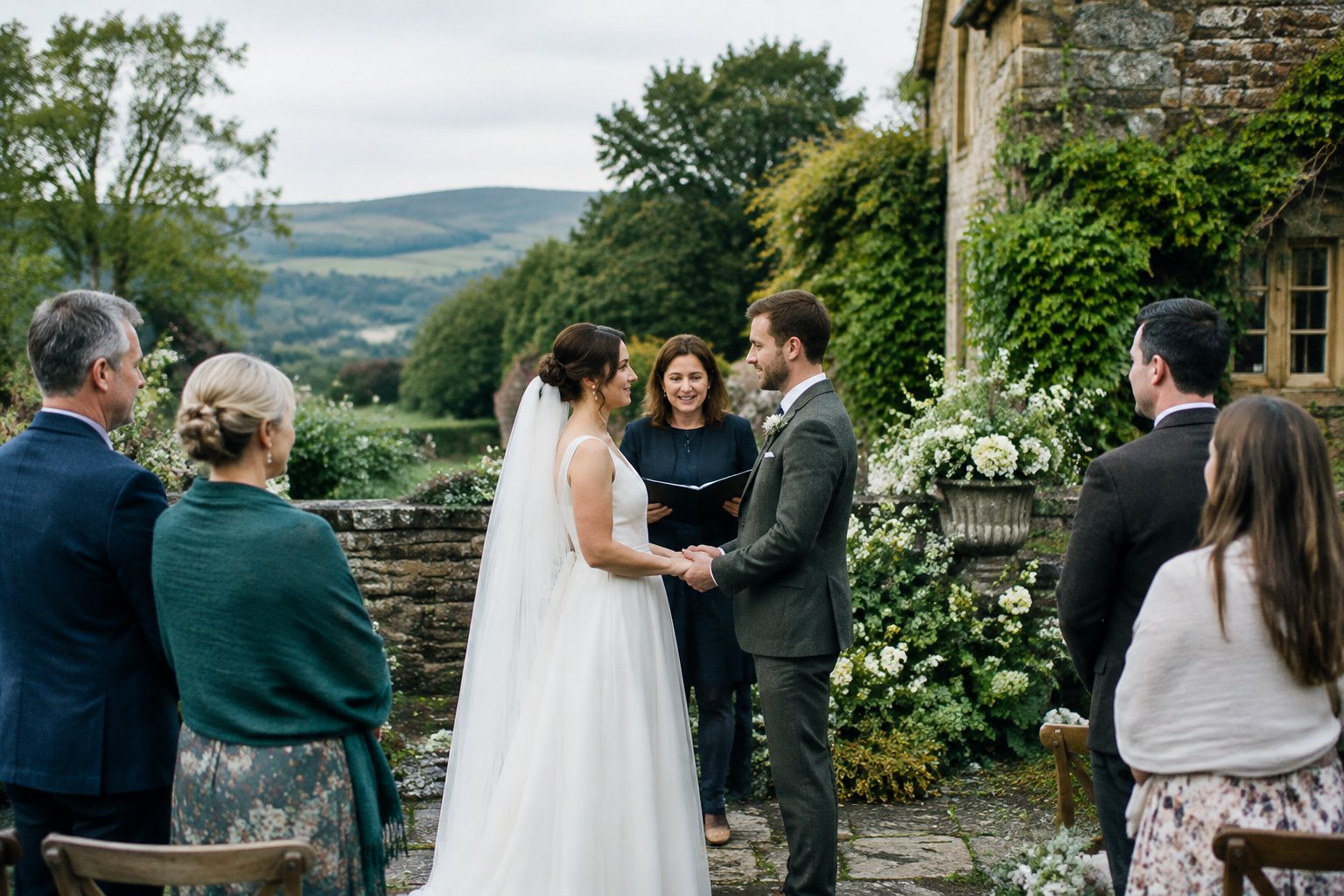 A couple exchanges vows in a garden at an Irish countryside venue as a small group of guests watches.