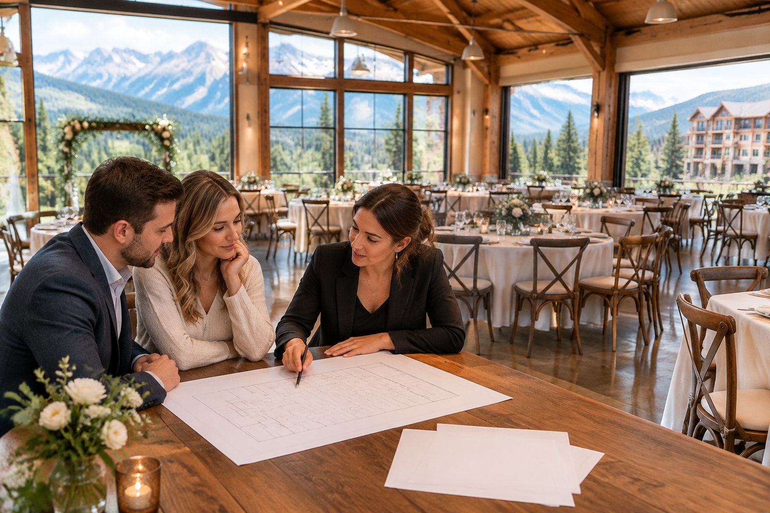 A couple and wedding planner review a floor plan inside a mountain wedding venue set for a reception.