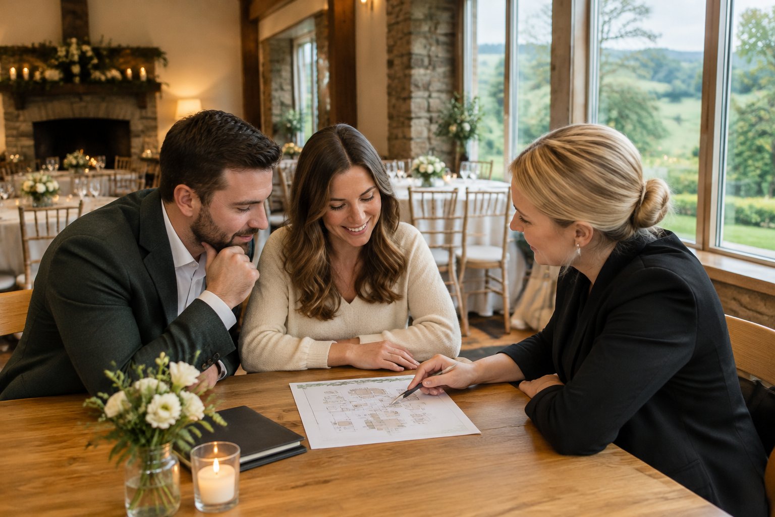 A couple and venue coordinator review a seating plan in a small Irish wedding venue.
