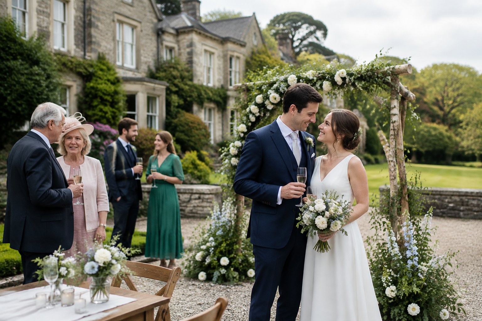 A couple celebrates their wedding with family and friends in the gardens of an Irish country house.