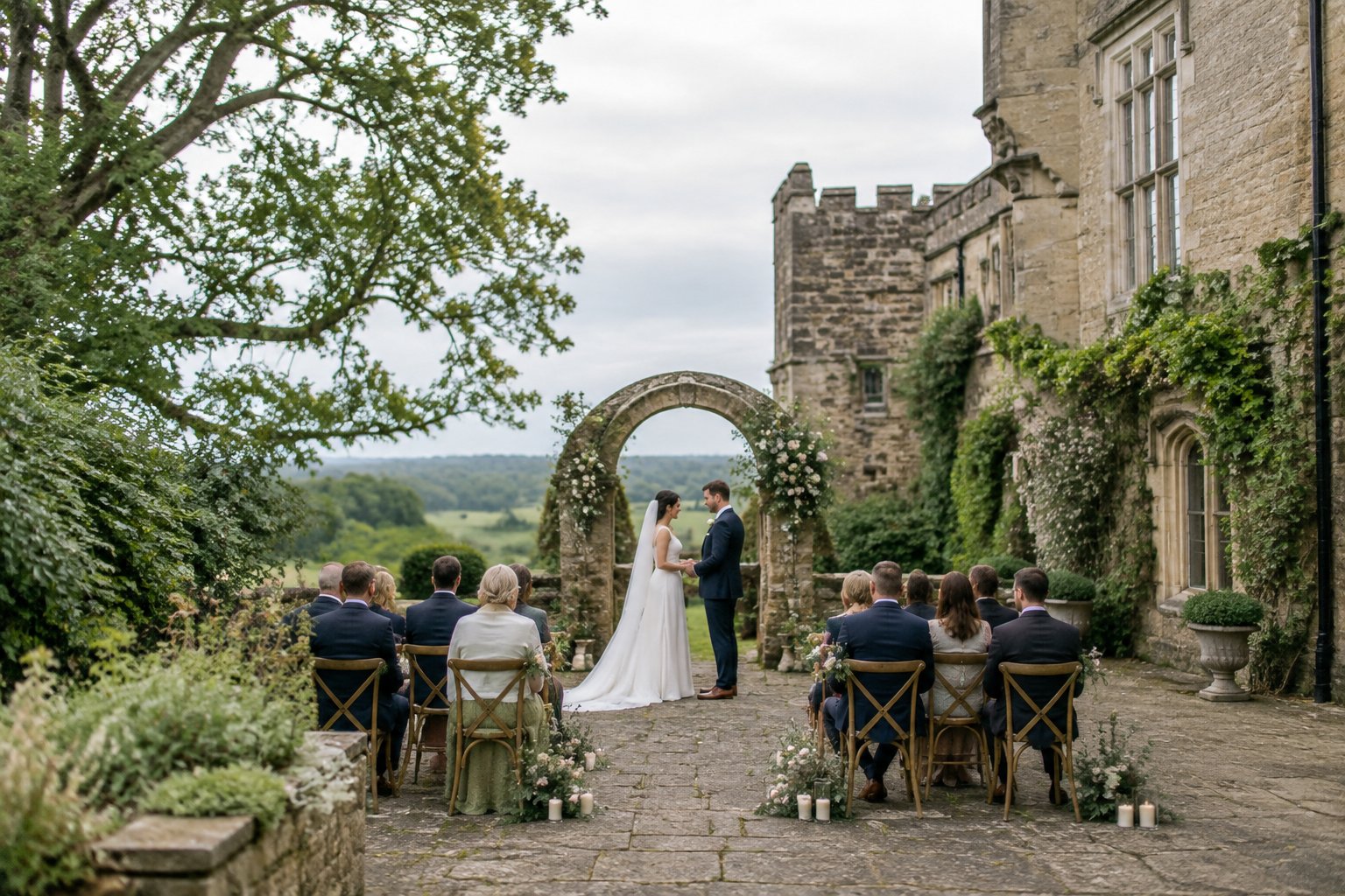 A couple holds a small wedding ceremony in a stone courtyard at an Irish castle.