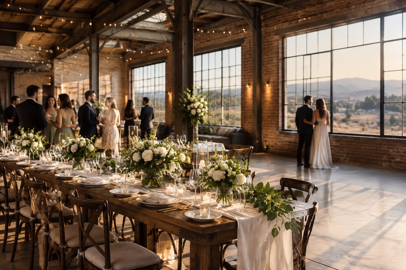 Guests gather around a decorated table at a wedding reception in a spacious industrial venue.