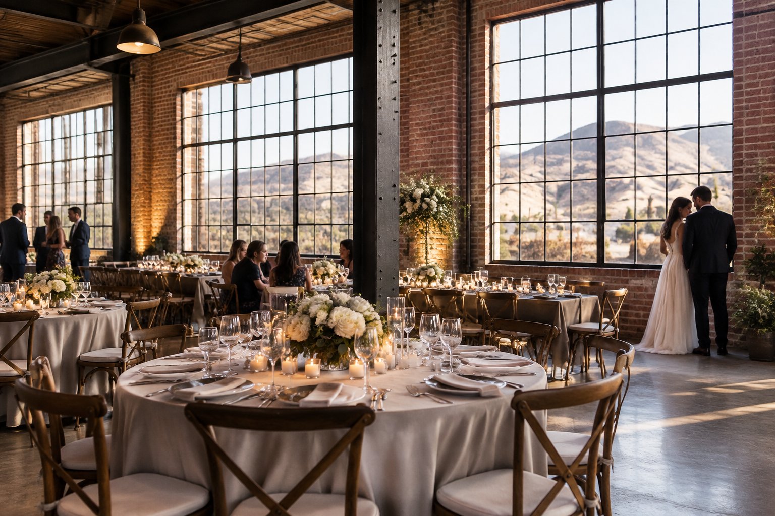 A couple stands among decorated reception tables inside a brick-and-steel wedding venue.