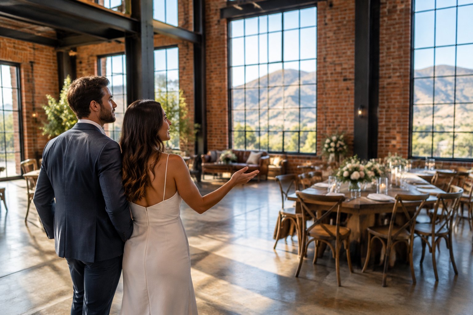 A couple explores a spacious wedding venue.