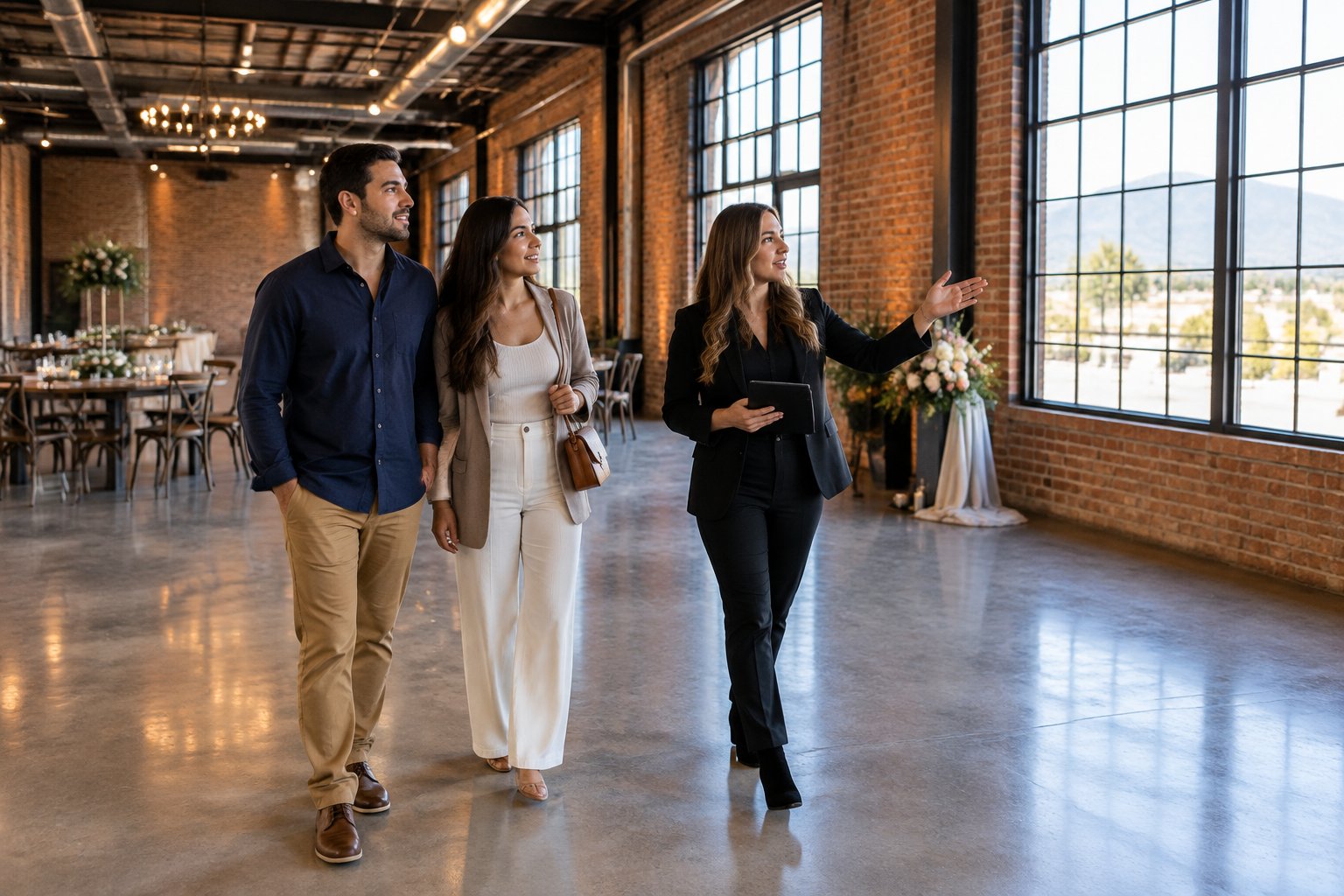 A couple tours an industrial wedding venue with a coordinator.