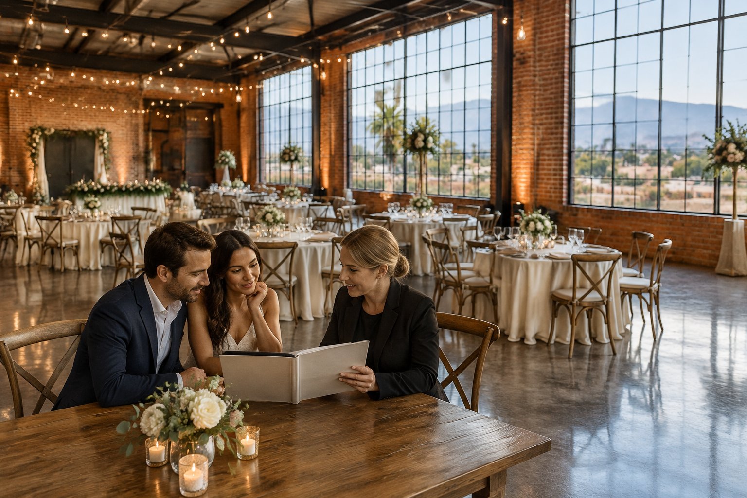 A couple reviews a blank folder with a venue coordinator inside an industrial wedding reception space.