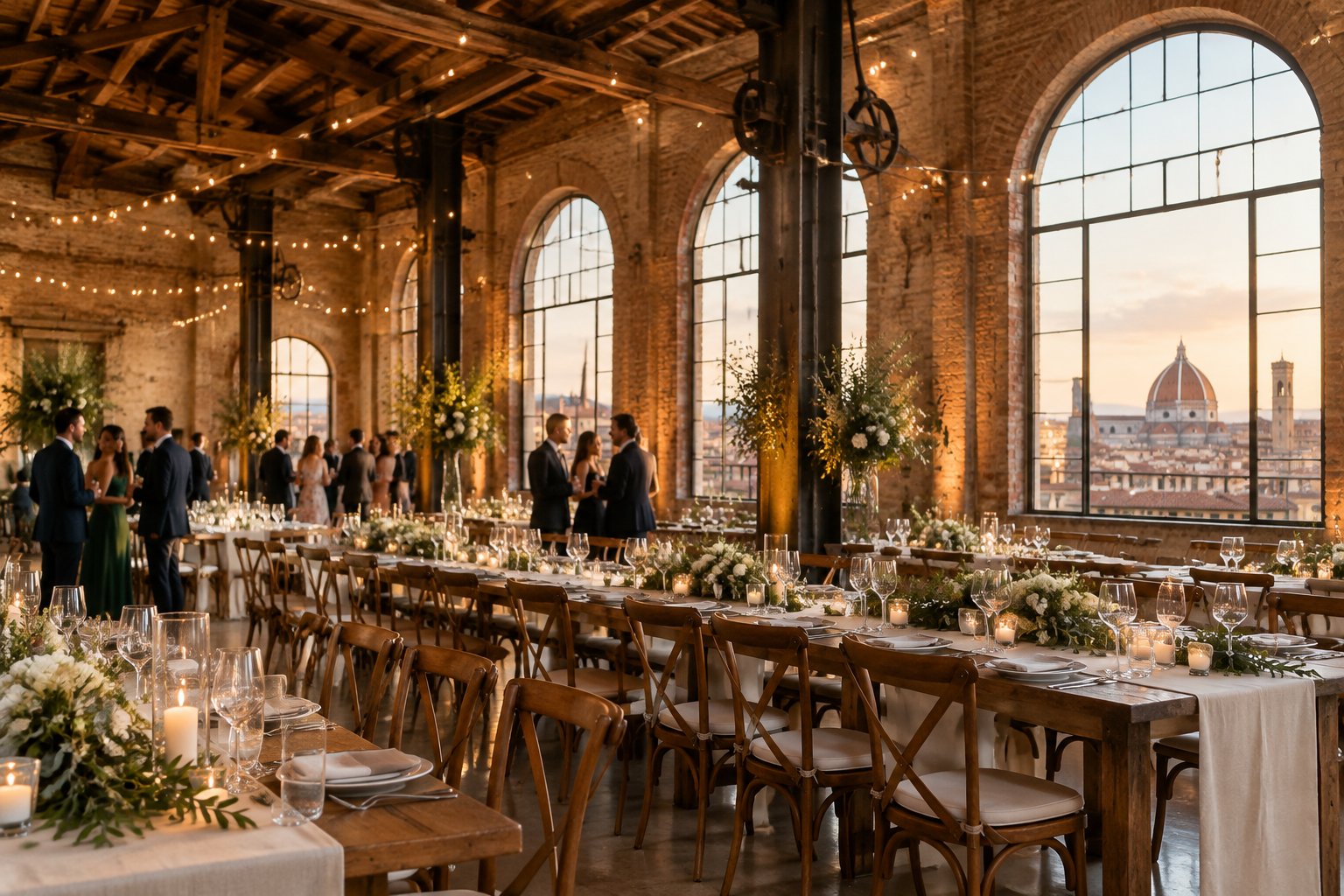 A wedding reception set inside a brick industrial venue in Florence.