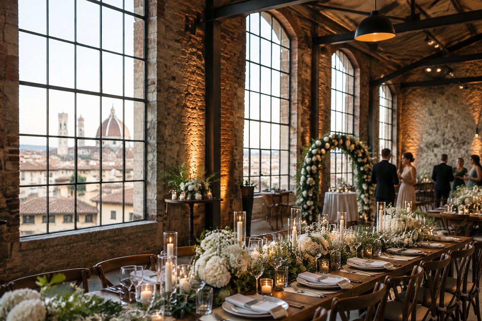 A decorated wedding reception in a brick industrial venue with Florence rooftops visible through tall windows.