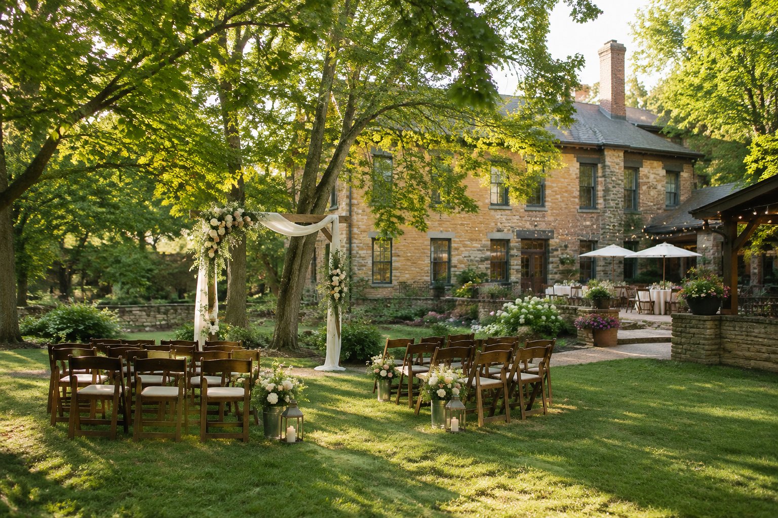 A small wedding ceremony set in a garden beside a historic building.