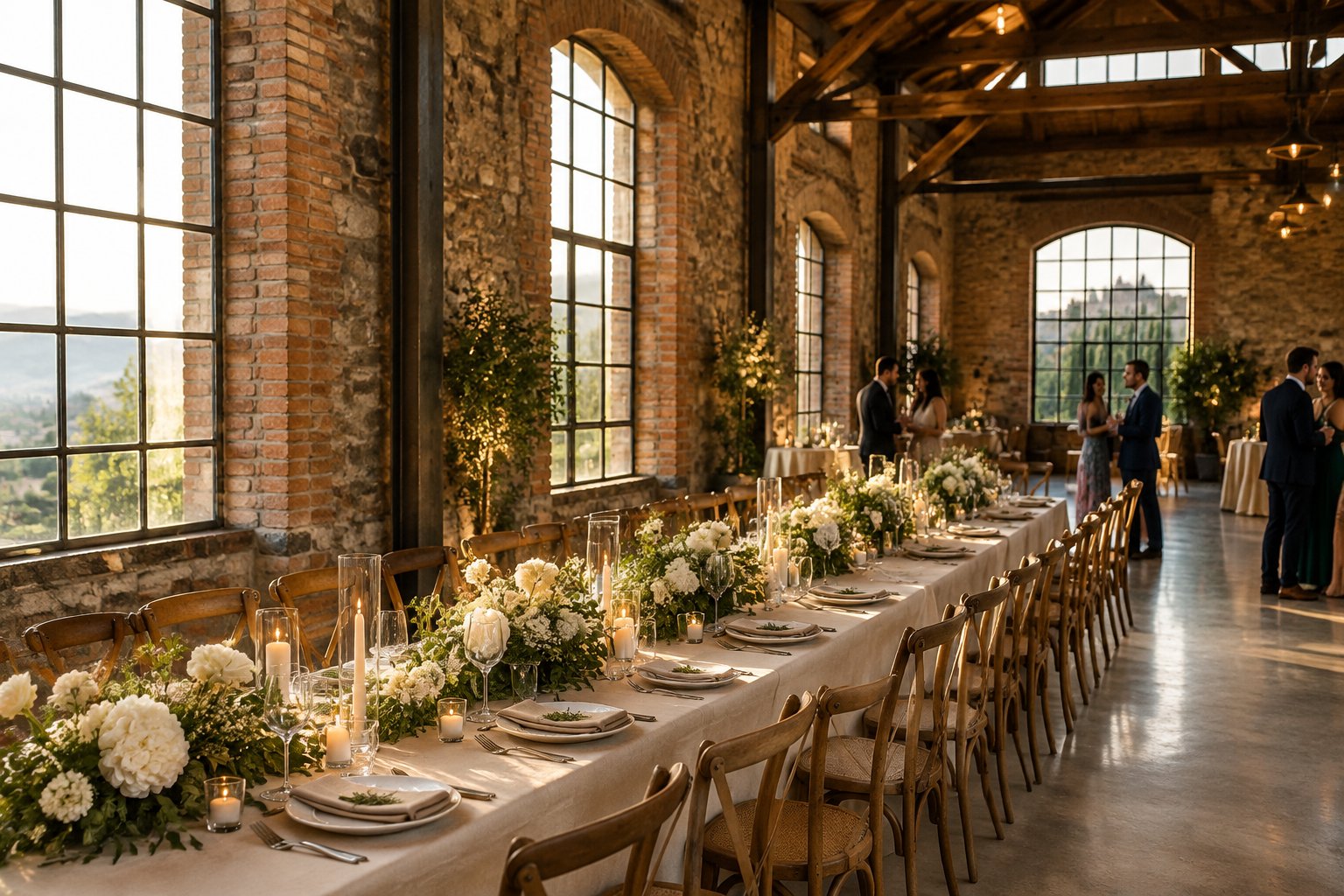 A wedding reception set at a historic venue with exposed brick walls and long banquet tables.