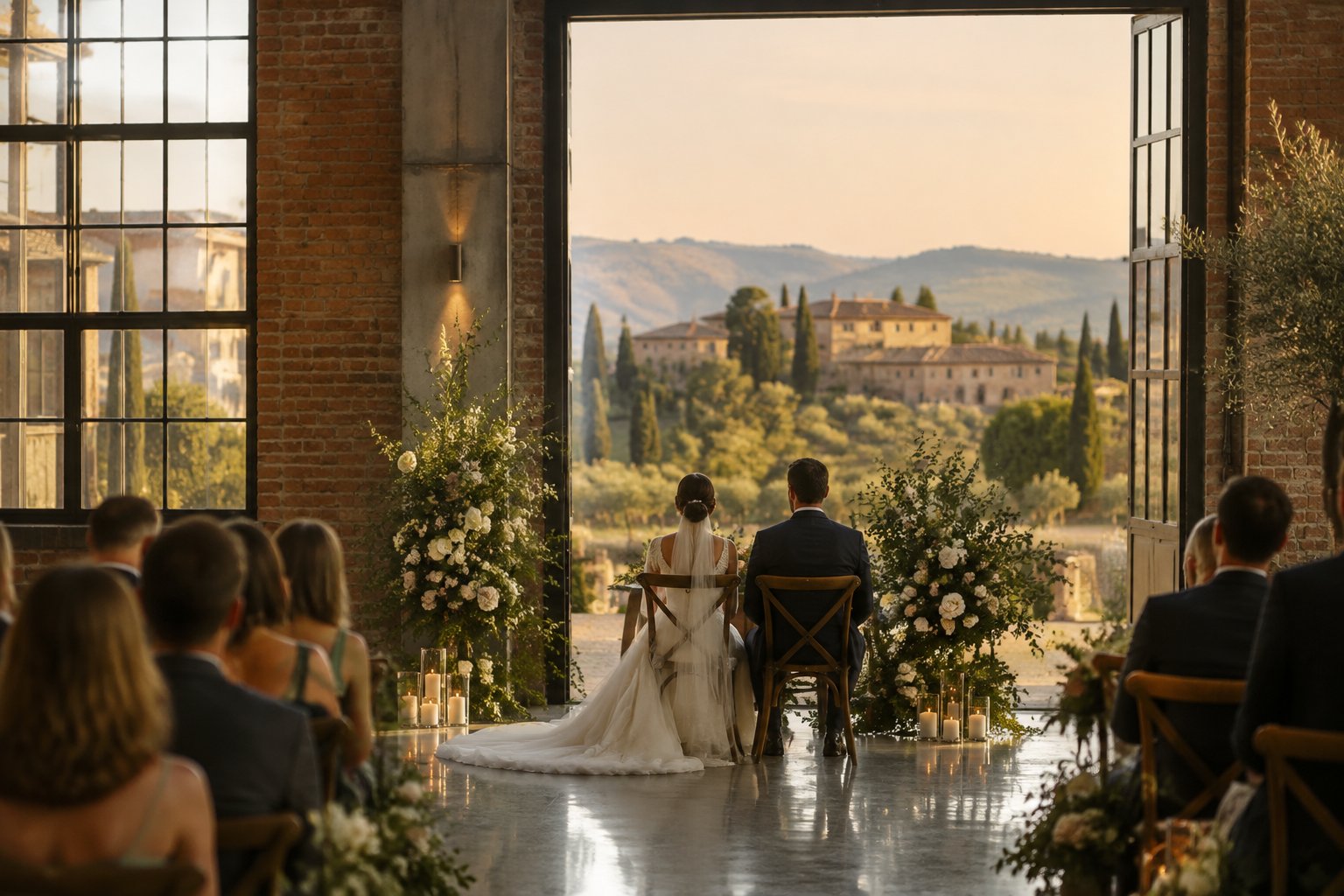 A couple stands in an industrial wedding venue overlooking the Tuscan countryside.