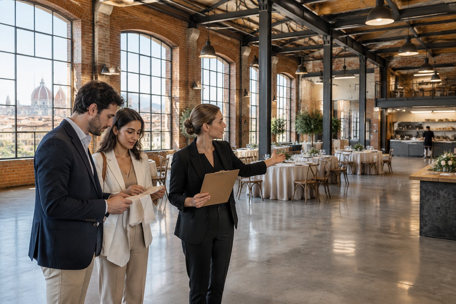 A couple and venue coordinator inspect an industrial wedding venue in Florence.