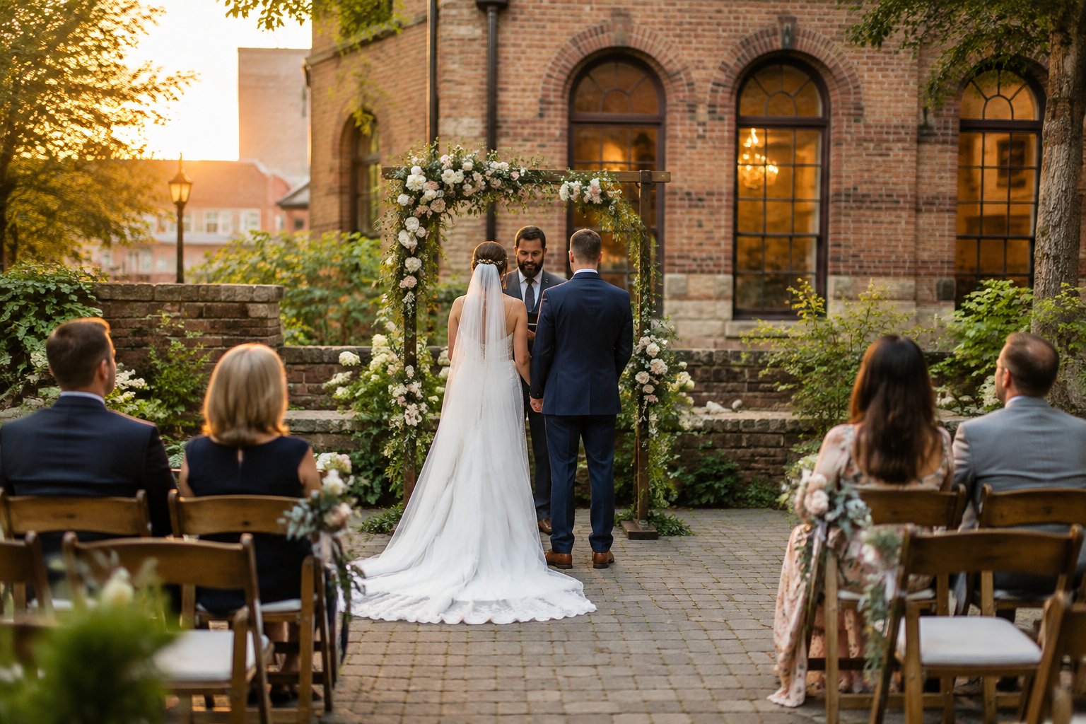 A couple exchanges vows beneath a flower-covered arch in a garden courtyard as a small group of guests watches.