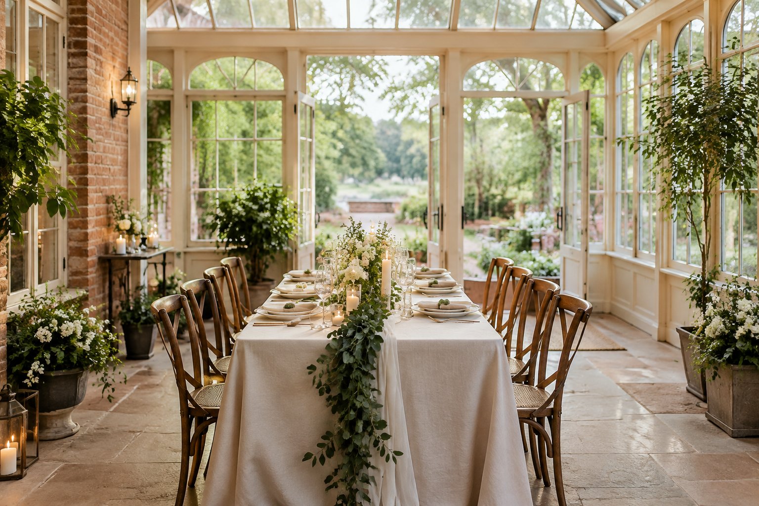 A small wedding dinner is set in a bright venue beside a garden.
