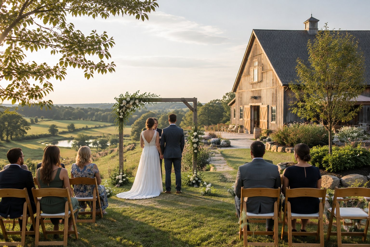 A small wedding ceremony set up beside a countryside venue.