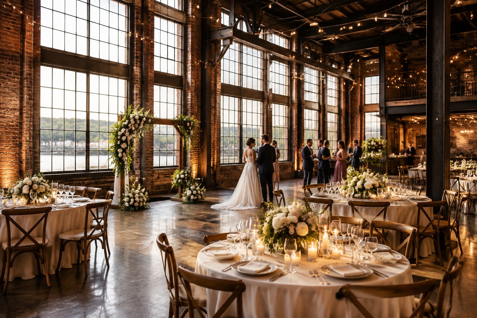 A wedding reception set up inside a brick industrial venue.