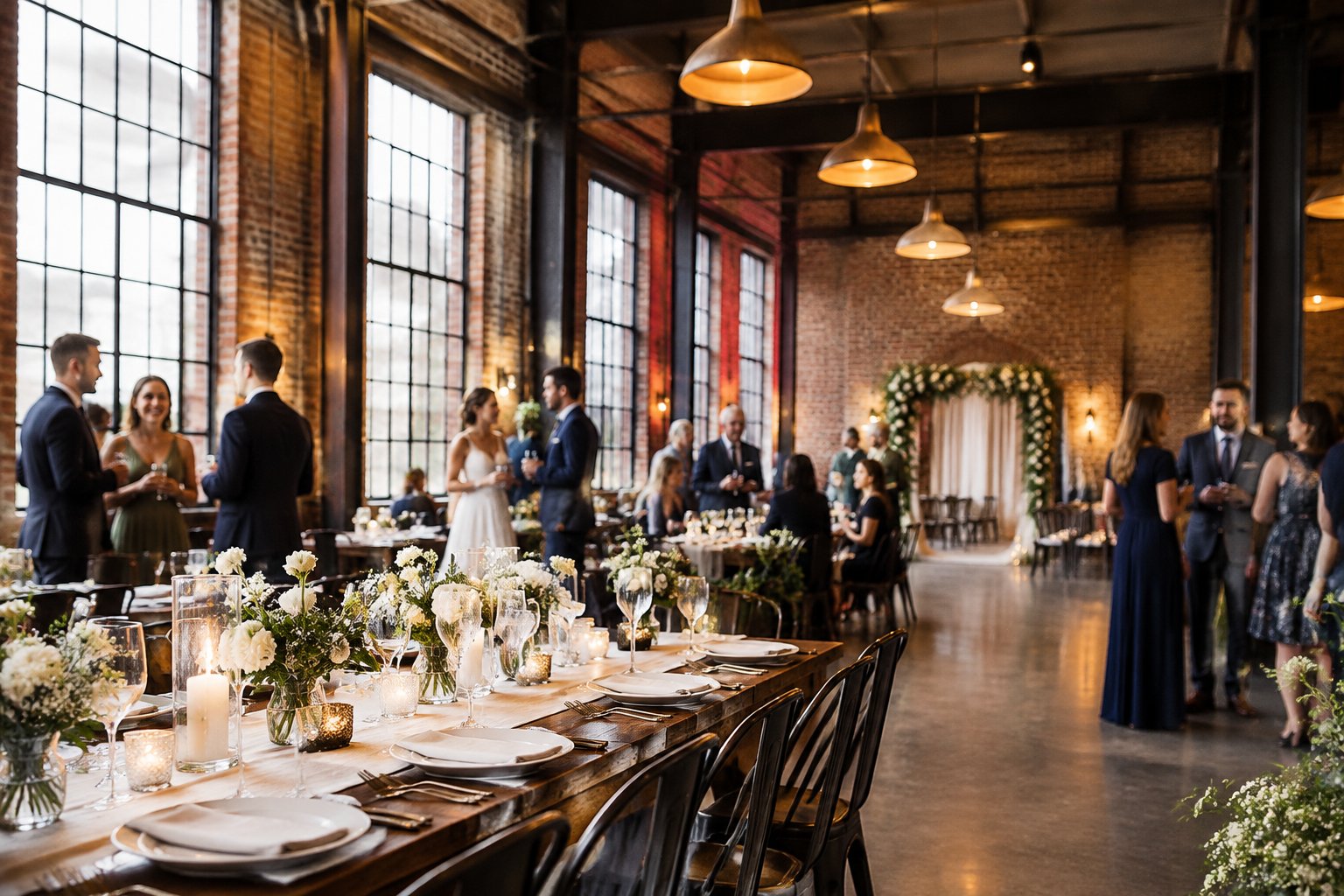Guests gather around a decorated table in a brick-walled wedding venue.