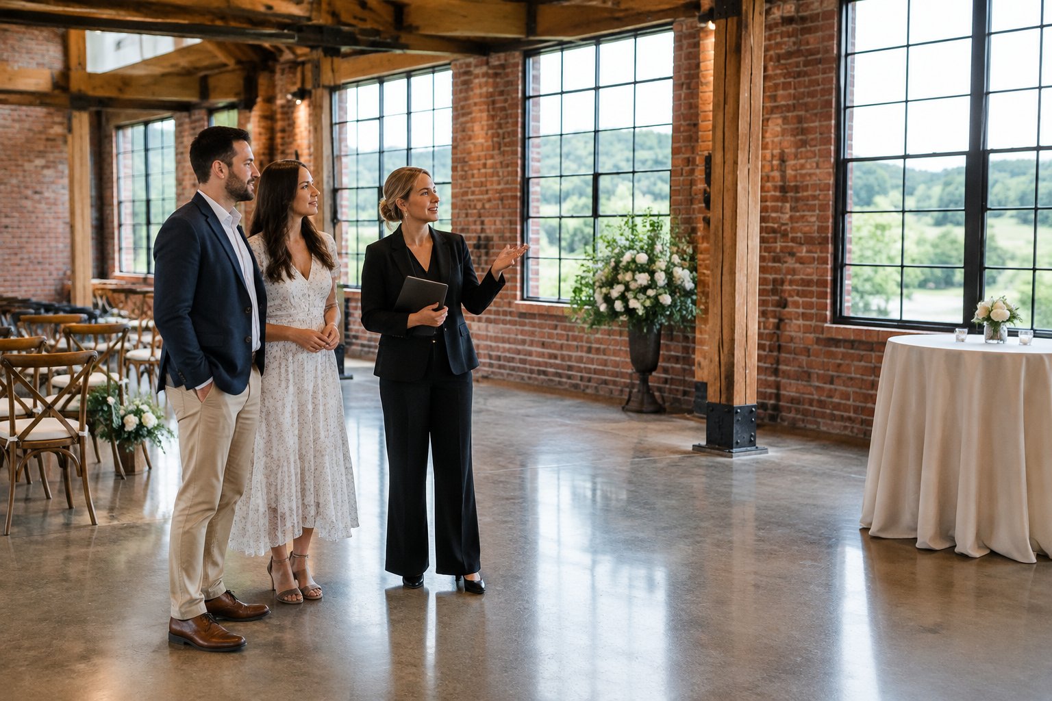 A couple and a coordinator explore a converted industrial wedding venue.