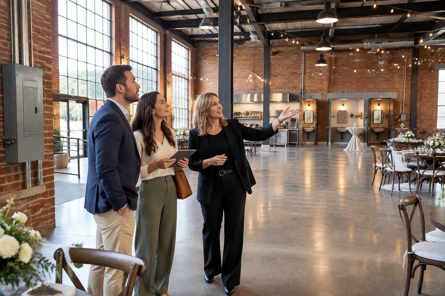 A couple and a venue coordinator inspect an industrial event hall.