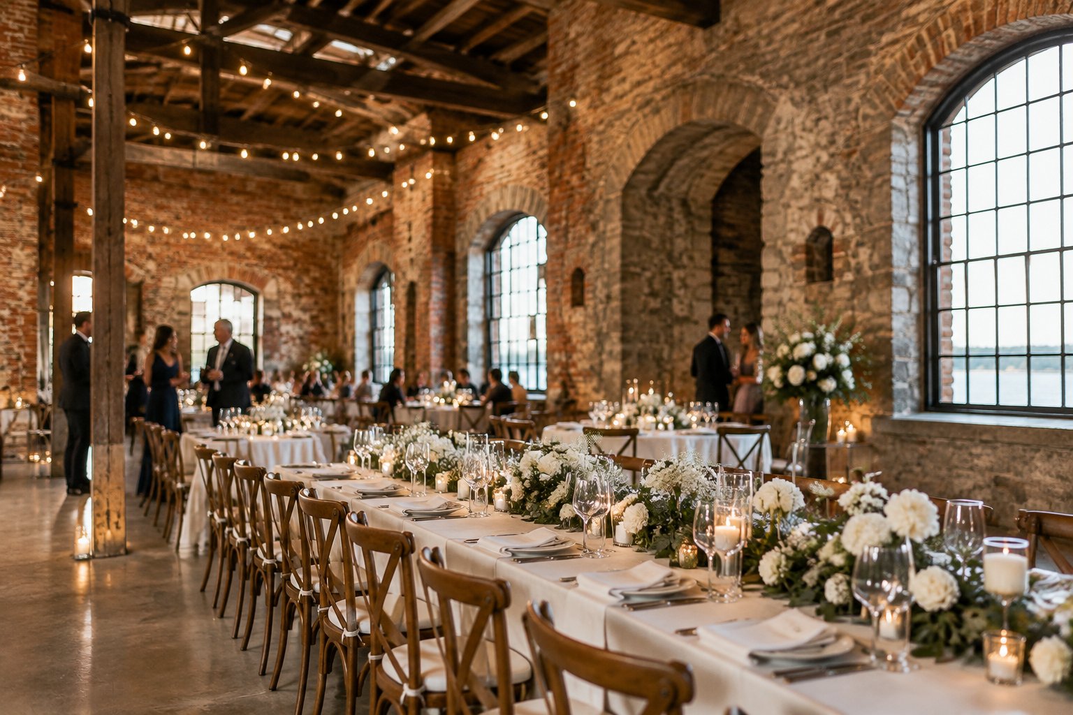 A wedding reception table inside a historic brick fort with guests in the background.