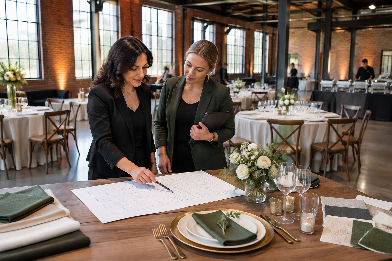 A wedding planner and venue coordinator review a floor plan and rental samples in an industrial wedding venue.