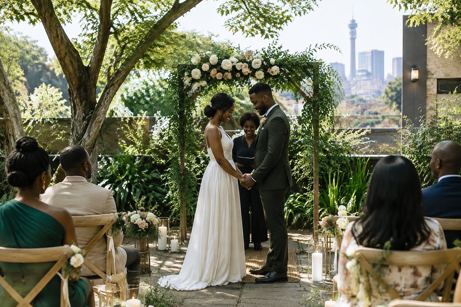 A couple stands beneath a floral arch as guests gather for a small garden wedding.