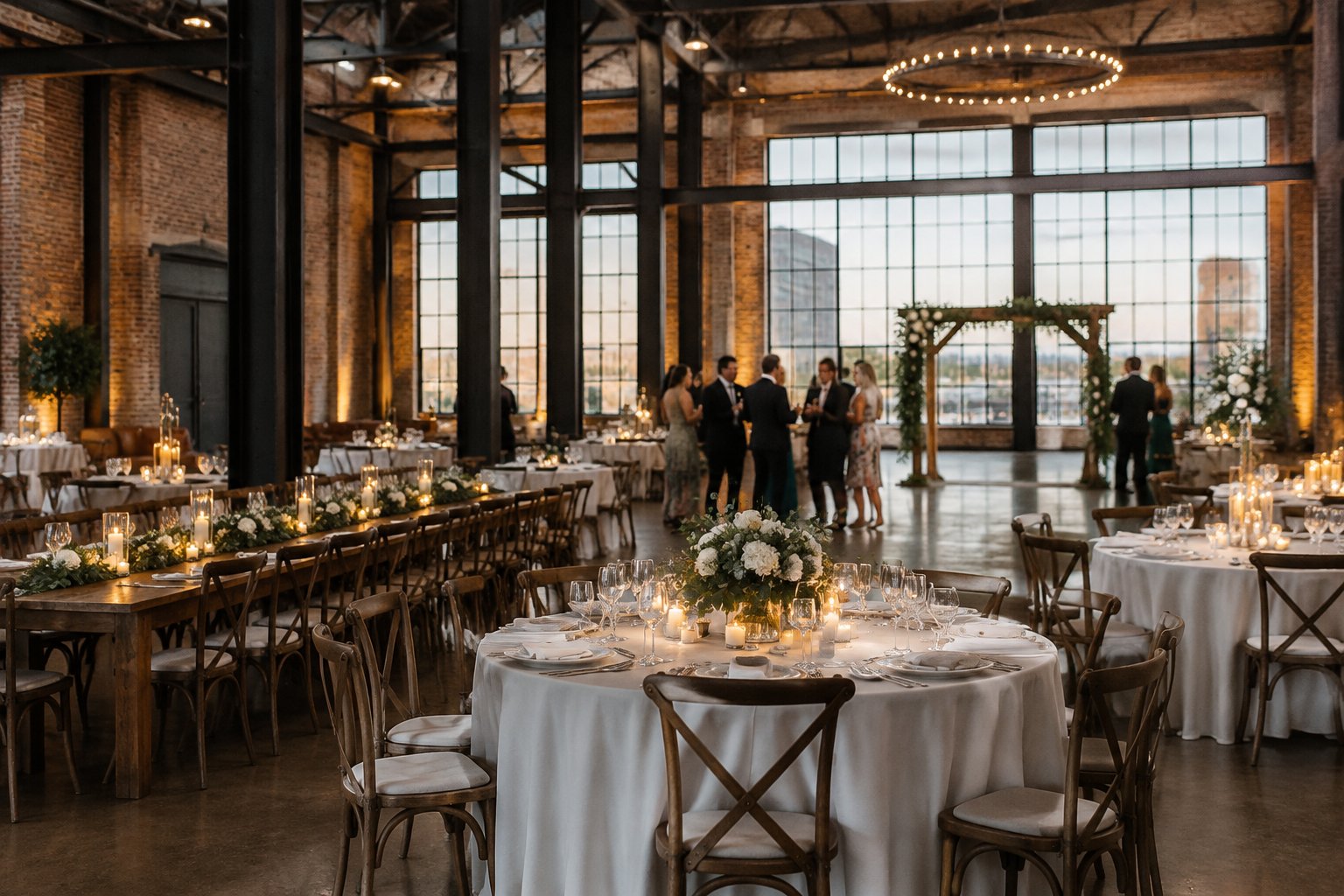 A wedding reception arranged inside a brick-and-steel warehouse venue.