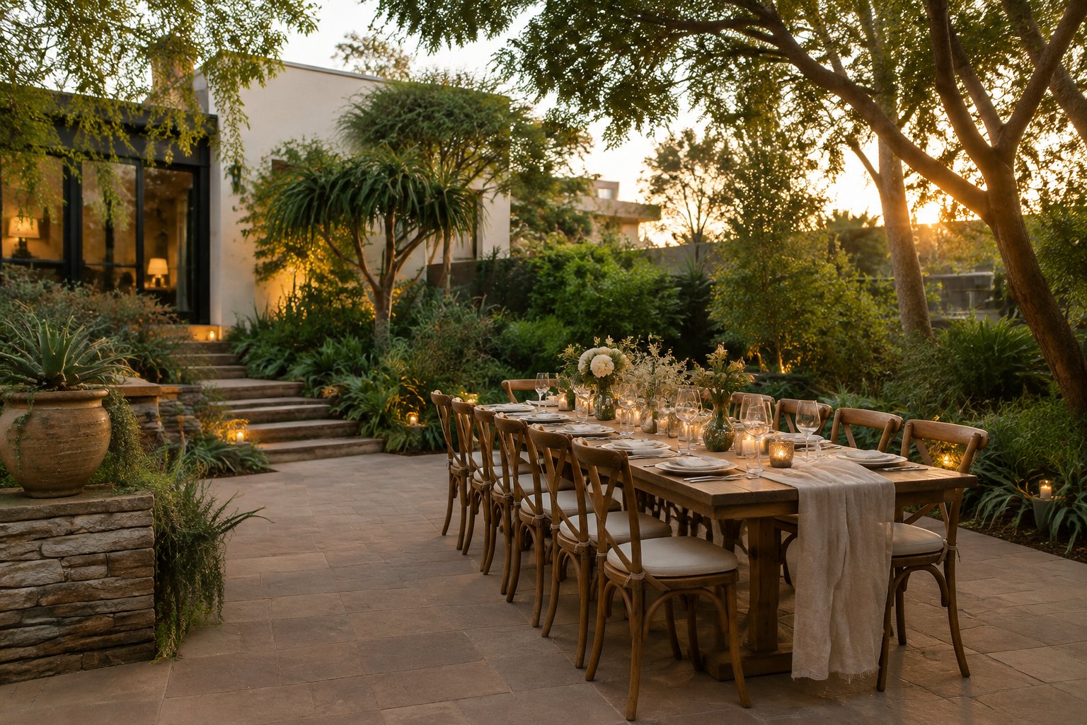 A small wedding reception table set in a garden courtyard.