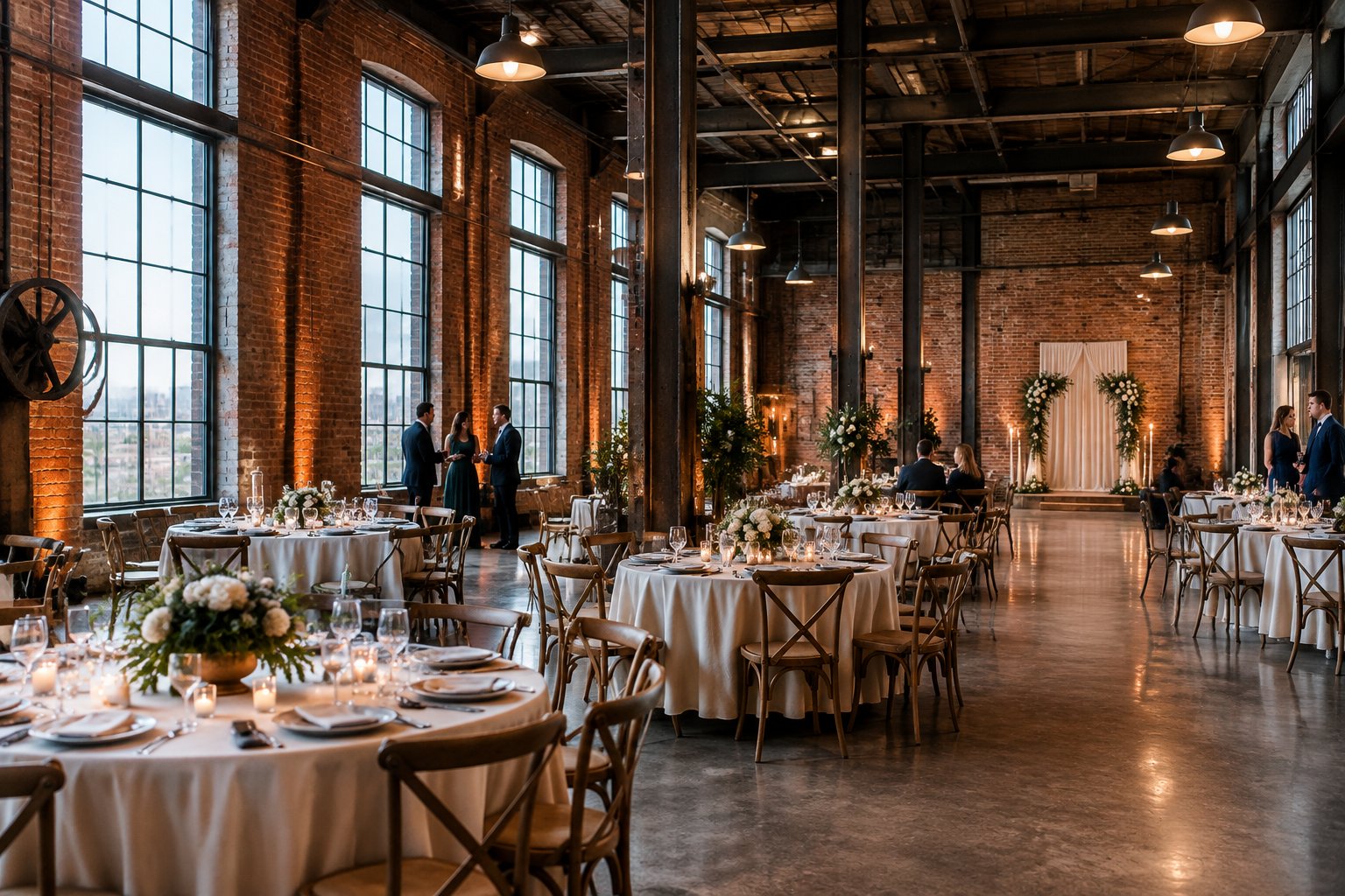 Guests gather around decorated tables in a brick-walled wedding venue.