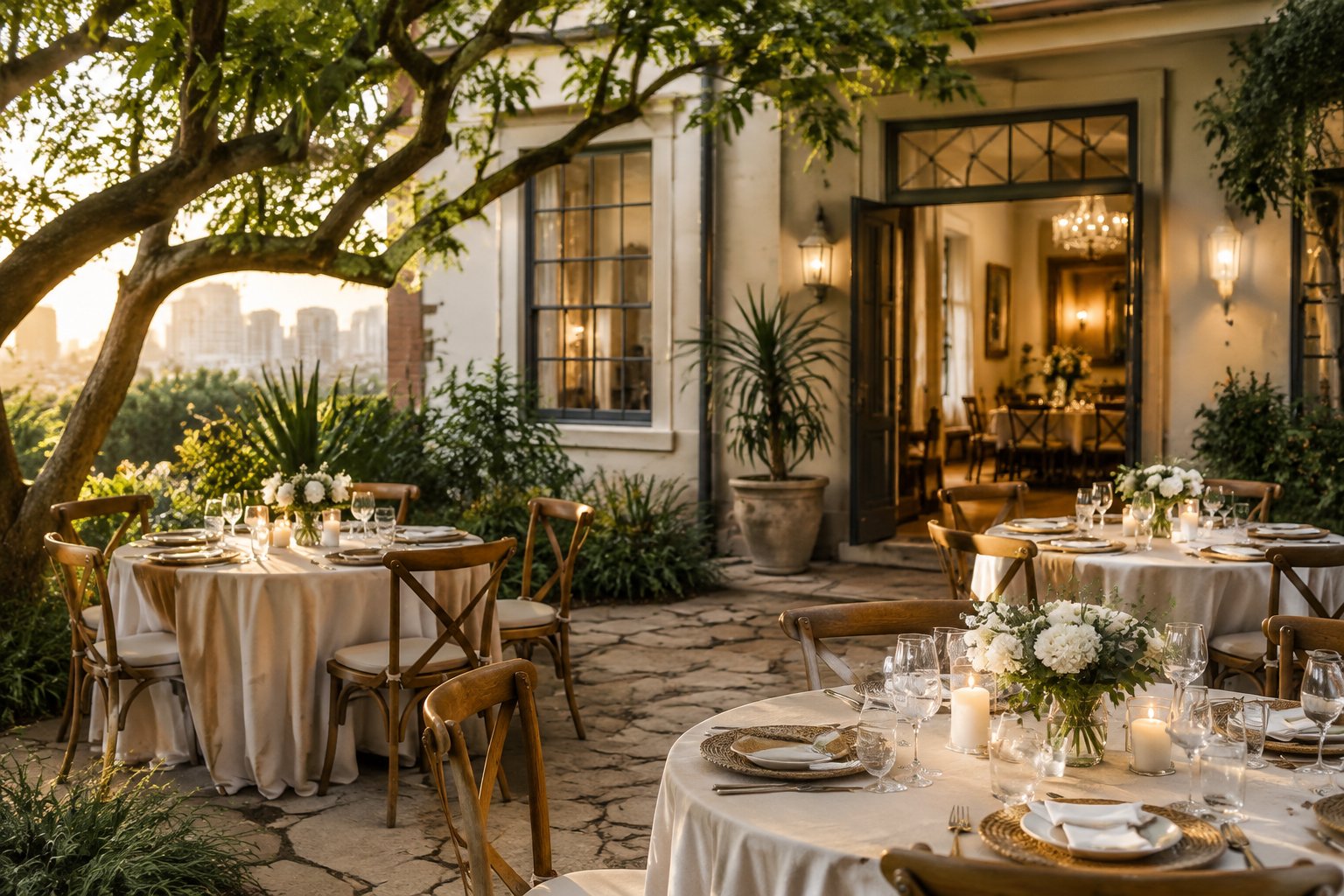 A small wedding reception set up in a leafy courtyard beside a charming building.