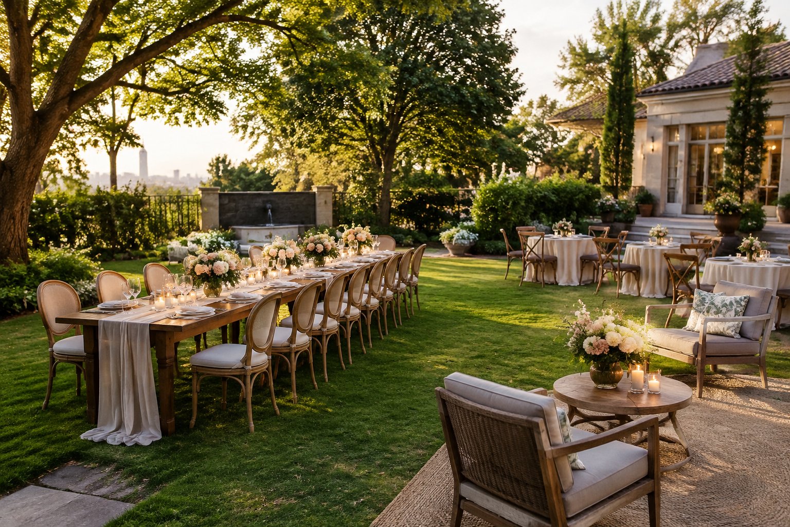 A small garden wedding reception with a long dining table and neatly arranged chairs.