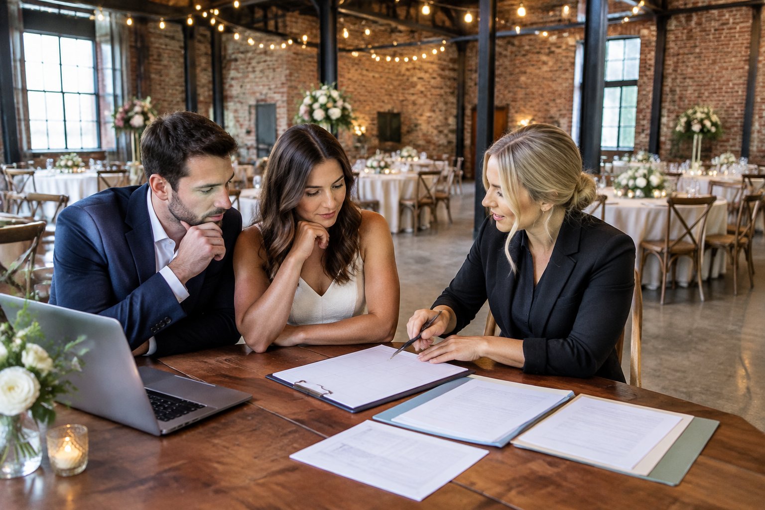 A couple and venue coordinator review budget papers inside an industrial wedding venue.